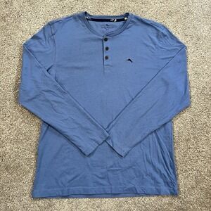 Tommy Bahama Henley Shirt M Blue Long Sleeve 3 Button Marlin Logo Casual comfort